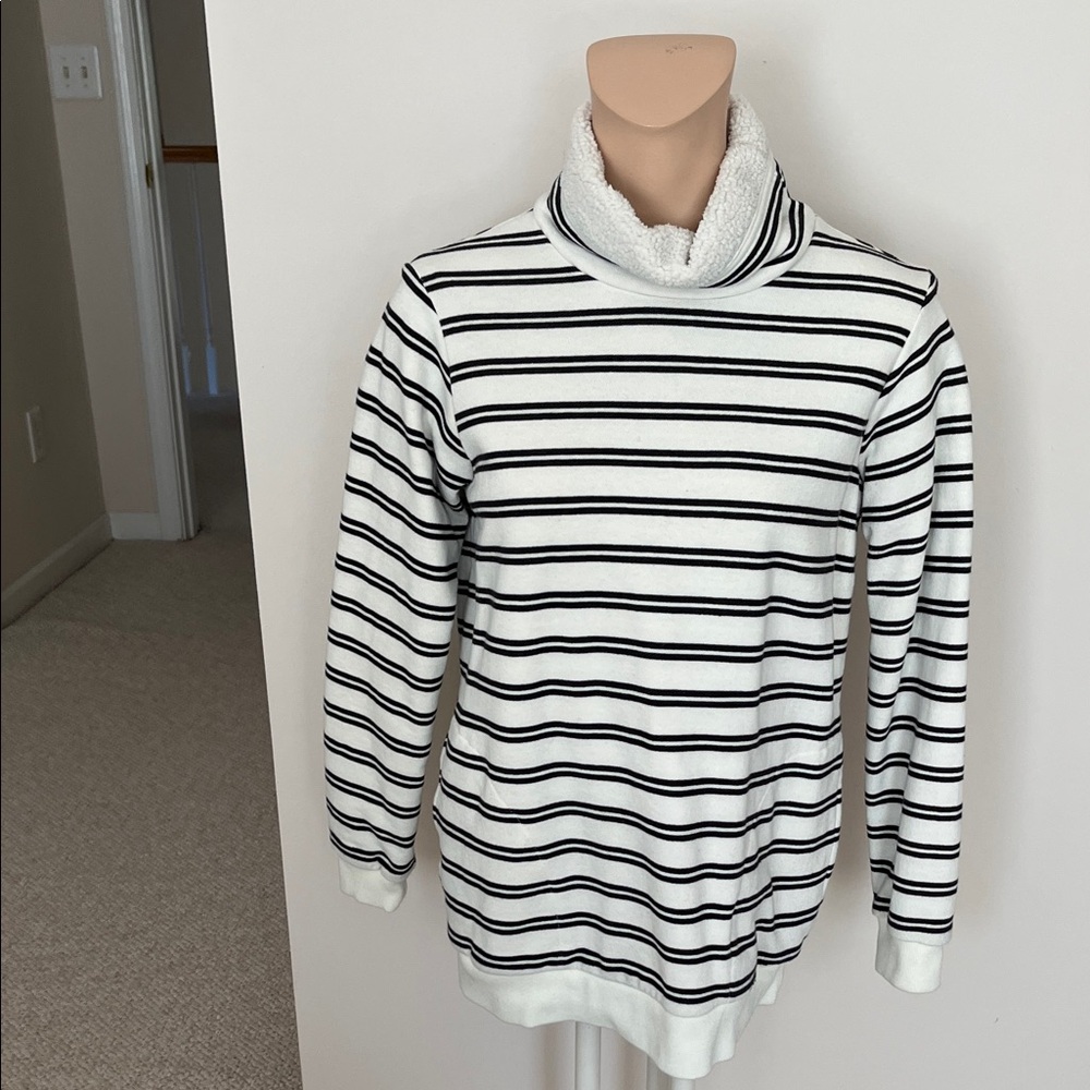 Joules Black and White Striped Top with Cowlneck Collar